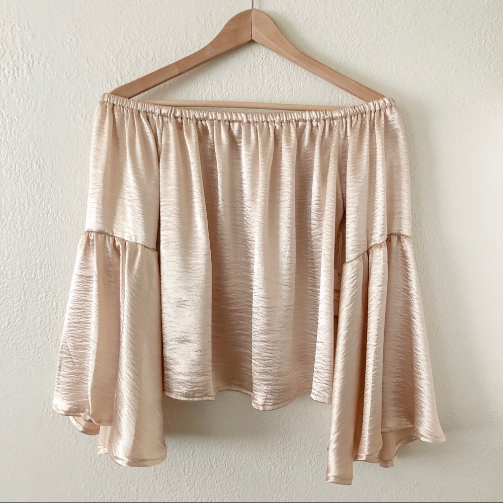 Champange Metallic Off th Shoulder Bell Sleeve Top